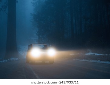 SUV Bronco Foggy Mountain Ride through National Park