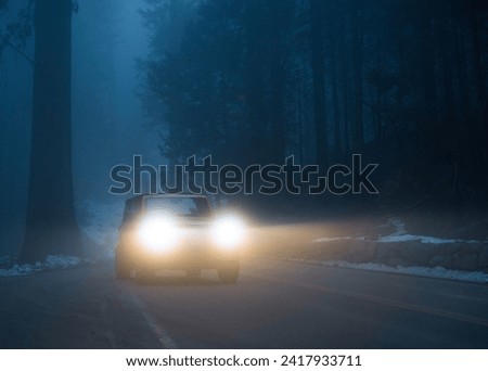 SUV Bronco Foggy Mountain Ride through National Park