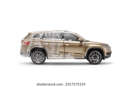SUV covered in a car wash detergent isolated on white background