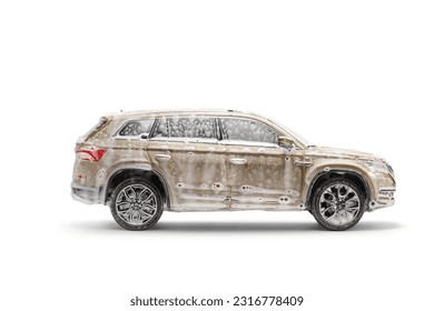 SUV covered in foam and soap for car wash isolated on white background
