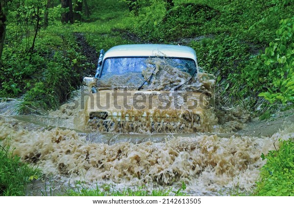 The SUV dives at full speed into a muddy\
river. The car drives into a deep puddle in the middle of the\
forest. Splashes on the hood, glass and\
roof