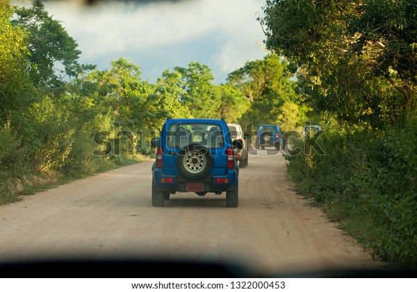 SUV driving at\
country road in tropical