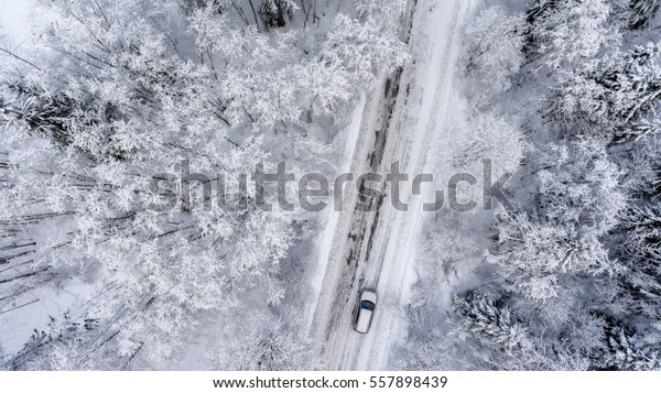 Suv driving in white snowy\
evergreen forest on slippery asphalt road. Aerial view from\
drone