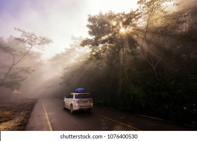 SUV Pickup Car Vehicle Driving Uphill At Scenic Local Street With Mist, Sun Rays Light, And Beautiful Green Forest. Family Road Trip Travel To Phu Chi Fa, Chiang Rai, Thailand.