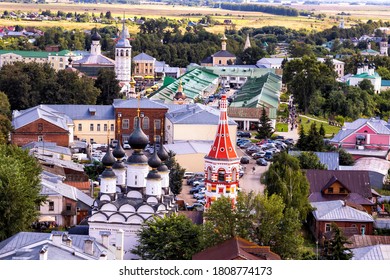 Suzdal, Russia - August 15, 2020:  Aerial view of old historical tourist  town 