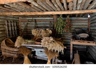 SUZDAL, RUSSIA - JMarch 8, 2018: The old timbered barn for agricultural tools, hay and straw, located in museum of Wooden Architecture and Peasant life. 