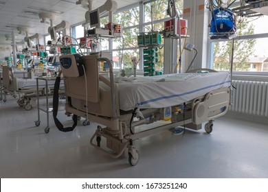 Svitavy, Czech Republic -September 20, 2012: Intensive care unit in hospital, beds with monitors, ventilators, a place where can be  treated patients with pneumonia caused by coronavirus covid 19. 