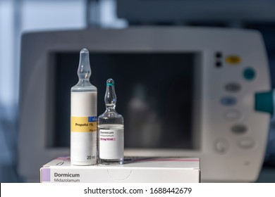 Svitavy, Czech Republic -September 30, 2012: Vial  of Propofol,  and vial of Dormicum, injection drugs used in sedation for mechanically ventilated patient