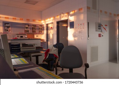 Svitavy, Czech Republic-May 3, 2015: Working  Area Of Nurses In Intensive Care Unit, Documentation On The Table, On Background Cabinets .  The End  Of The Night Shift, Time Of Sunrise. 