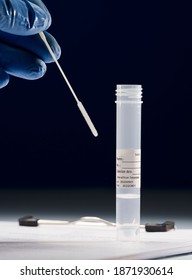 Swab In The Hand Of A Doctor (transport Of Viral PCR In Laboratory),  With Transparent Liquid, Adhesive For Patient, (obtaining Analysis For Results), With Dark Blue Background