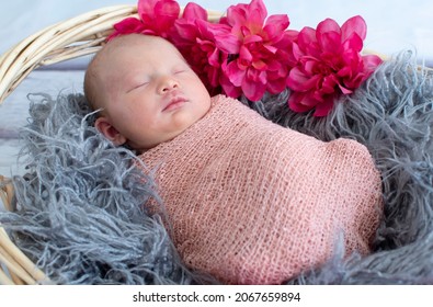 Swaddled Sleeping White Caucasian Newborn Baby Close Up. Angel's Kiss, Stork Bite Birth Mark