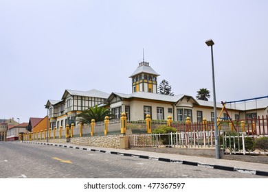 SWAKOPMUND, NAMIBIA - JAN 31, 2016: Typical German Fachwerk Architecture In Swakopmund. City Was Founded In 1892 As The Main Harbour Of German South West Africa. 