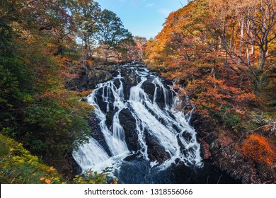 Swallow Falls At Autumn. The Most Popular Waterfall In North Wales, UK