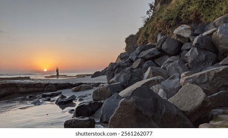 Swamis beach in San Diego California north county Encinitas area coastline. Waves, surfers, sunset silhouettes, beaches, tide pools, palm trees, clouds and rock abstractions!
