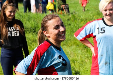 Swamp Football Championship In Belarus. Girls Playing Soccer In The Mud. Belarus/Oshmyany/1 August 2020