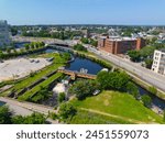 Swamp Locks Gatehouse aerial view on Upper Pawtucket Canal in Lowell National Historical Park in historic city center of Lowell, Massachusetts MA, USA. 