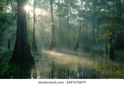 Swamp in misty forest. A forest swamp in fog and sunlight. Forest swamp in fog. Sunlight in forest swamp