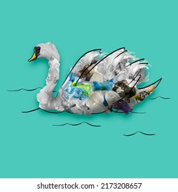 Swan. Contemporary conceptual art collage with painted animal filled with garbage and plastic waste over blue background. Pollution, saving environment, ecology, world social and eco issues - Shutterstock ID 2173208657