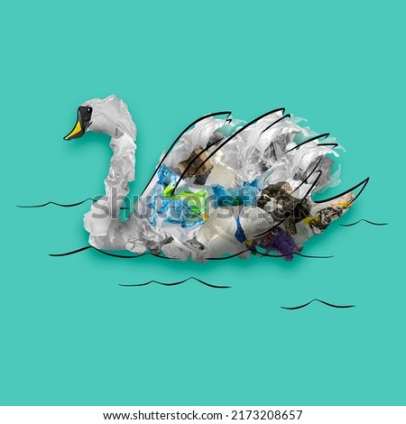 Swan. Contemporary conceptual art collage with painted animal filled with garbage and plastic waste over blue background. Pollution, saving environment, ecology, world social and eco issues