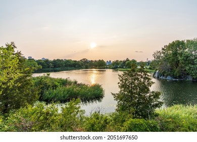 Swan Lake, Jean-Drapeau Park In Summer Evening. Saint Helens Island. Montreal, Quebec, Canada.