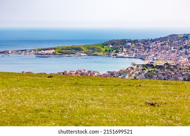 Swanage, Dorset, England, UK, panoramic view from a hill, hiking trail to Old Harry Rocks