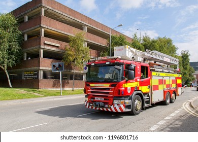 Swansea, UK: August 13, 2017: A Scania Fire Engine Responds To An Emergency Call Out. Scania Is A Major Swedish Manufacturer Of Commercial Vehicles – Specifically Heavy Trucks And Buses.