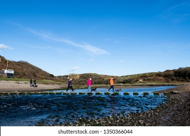 Swansea, UK - March 24, 2019. A Family With Their Dogs Crossing The Stepping Stones At The Three Cliffs Bay Beach, Swansea, Wales