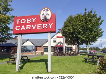 Swansea, UK: September 19, 2017: Front view of a Toby Carvery restaurant. Toby Carvery are a chain brand of over 150 restaurants established for over 30 years. Home of the Roast is their slogan.  
