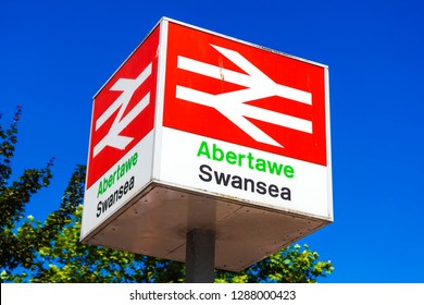 Swansea, Wales, UK , June 30, 2018 : British Rail signpost at Swansea Railway Station in the city centre