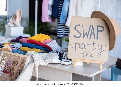 Swap Party invitation poster with stylized lettering and style decoration. Event for exchange of clothes, shoes and accessories. Reduce and reuse concept. Idea of exchange your old wardrobe for new - Shutterstock ID 2136931865