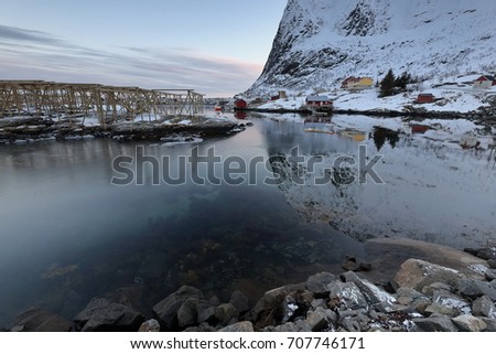 Image, Stock Photo Reinevagen-gulf + Reinehalsen-isthmus + Reinebringen-mount. 0341