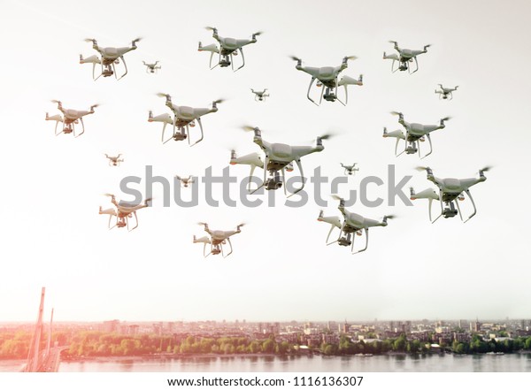 Swarm Drones Flying Over City Stock Photo (Edit Now) 1116136307