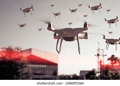 Swarm Of Drones Surveying, Flying Over City 