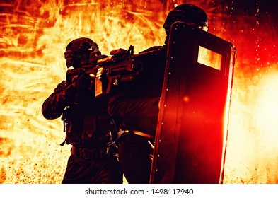 SWAT Fighters Officers Hiding Behind Ballistic Shield