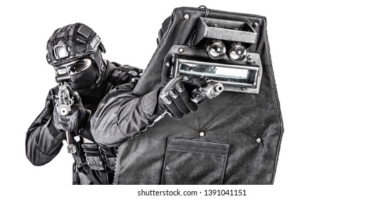 SWAT Team Behind Ballistic Shield Studio Shoot
