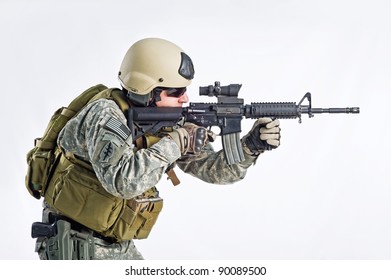 SWAT Team Officer On White Isolated Background