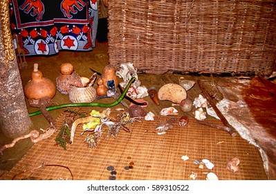 SWAZILAND - JULY 15: Sangoma's Hut On 15 July 2000 At Swaziland. Sangoma Is The Shaman, Healer And Magicician In Swazi And Zulu Culture.