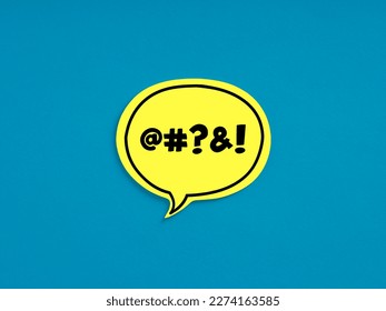 Swear words or cursing on yellow speech bubble on blue background. Getting mad, upset or angry over a troll comment or forum post. Fight and disagreement online.