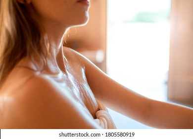 Sweat On Skin Young Woman Relaxing In The Sauna