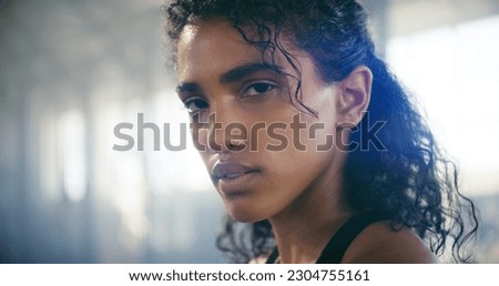 Sweating, woman and face taking a break from fitness, exercise and workout with mockup. Gym, Indian female person and serious portrait of an athlete after sports and wellness club training for health