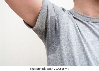 Sweaty Armpit, Wet Underarm Wet Stain On Grey T-shirt	
