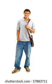 Sweaty, Happy Casual Dressed Young Black College Student Isolated On White Background