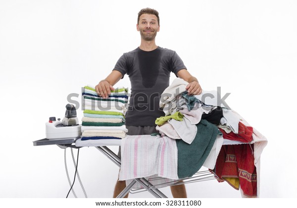 Sweaty Man Satisfied Proud Behind Ironing Stock Photo Edit Now