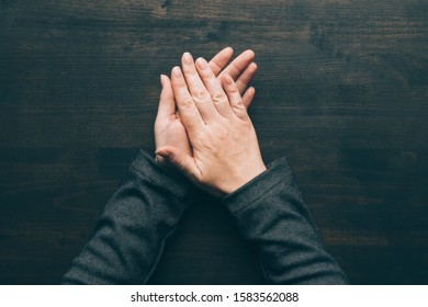 Sweaty Palms, Top View Of Female Business Person Hands During Job Interview