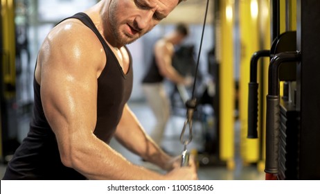 Sweaty upper body of guy doing pull-downs in gym, looking at his biceps, sport