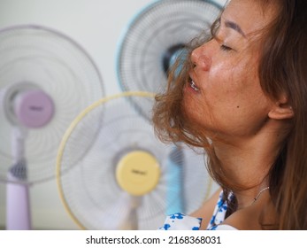 Sweaty Woman's Face With Fans In The Background 