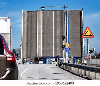 SWEDEN - 02.04.2021: Drawbridge Raised, Swing Bridge Up, Leaf Bridge