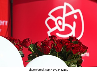 LINKÖPING, SWEDEN- 1 MAY 2016: Red Roses In Front Of The Social Democrats Logo, During First May. Photo Jeppe Gustafsson