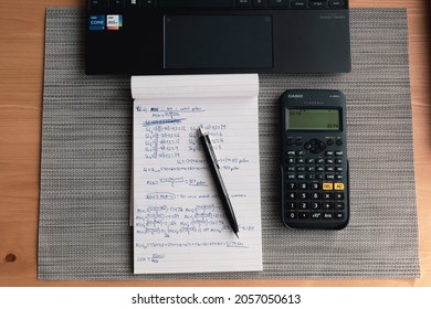 Jönköping, Sweden - 13th October 2021: Table Of Study Supplies, Person Studying For Exam In Dorm.