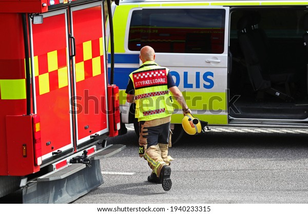 LINKÖPING, SWEDEN- 29 SEPTEMBER 2020:\
A\
rescue leader in the rescue service during work at an accident\
site. Photo Jeppe\
Gustafsson